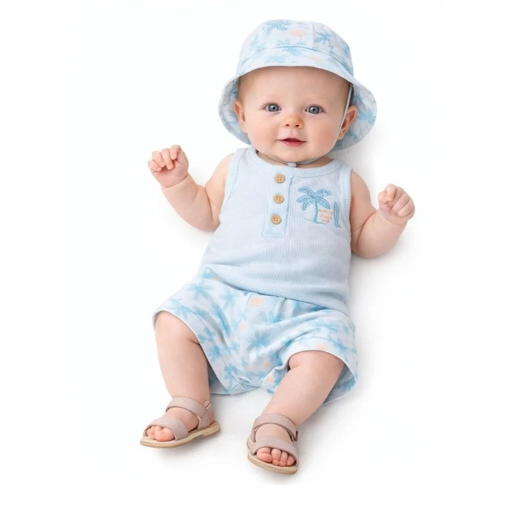 CHICKPEA 3 Piece Palm Tree Tank Shorts Hat Set 0-3M Blue‎ Tropical NWT